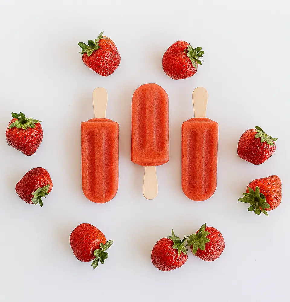 3 strawberry popsicles surrounded by strawberries